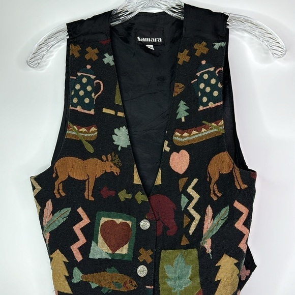 Vintage Samara Wildlife Moose Fish Abstract Black Vest Size Medium - Picture 2 of 8